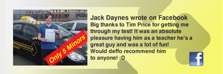 jack daynes from sandhurst passed with driving instructor tim price-bowen and left this awesome review