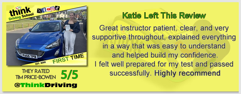 Becca left this awesome review of tim price-bowen at think driving school after passing in january 2026