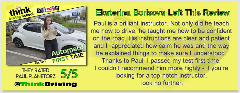 Passed with think driving school April 2026 and left this 5 star review