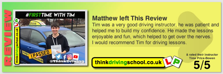 George Winser left this awesome review of tim price-bowen at think driving school after passing in March 2020