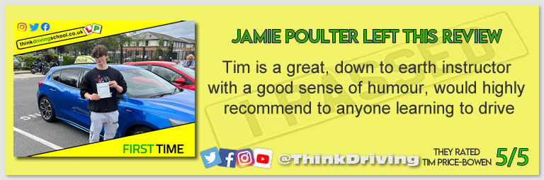 Becca left this awesome review of tim price-bowen at think driving school after passing in March 2022