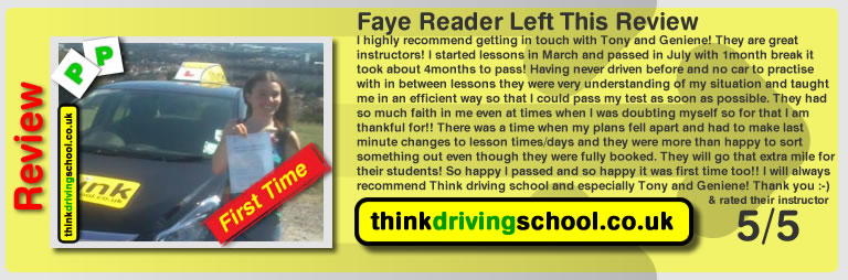 Faye passed with Tony Rutland from Liphook driving school