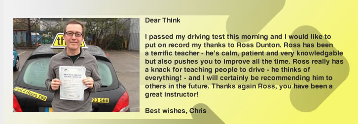 Great review 5 out of 5 driving lessons Woking and Guildford Ross Dunton think driving school