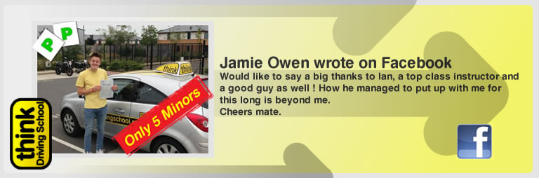 Jamie Owen left this awseom feview of think driving school Bordon and of Ian Weir his driving instructor