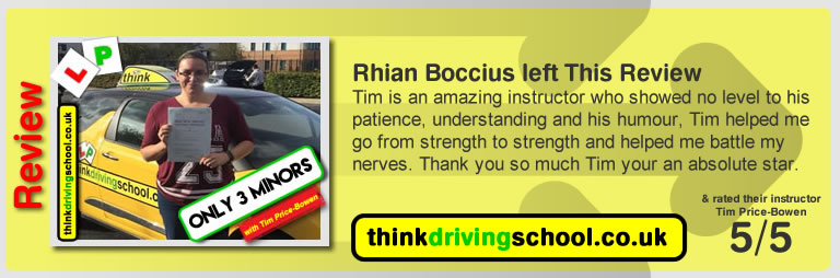 Katherine Rowett  left this awesome review of tim price-bowen at think driving school after passing in October 2017