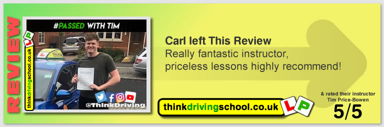 George Winser left this awesome review of tim price-bowen at think driving school after passing in August 2019