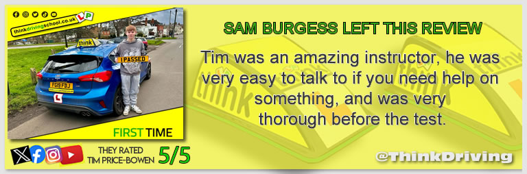 Becca left this awesome review of tim price-bowen at think driving school after passing in January 2024