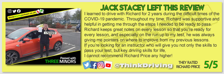 Passed with think driving school December 2021 and left this 5 star review