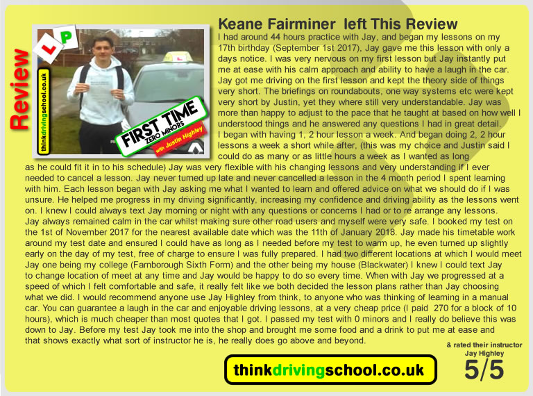 Passed with think driving school in Jauary 2018 and left this review