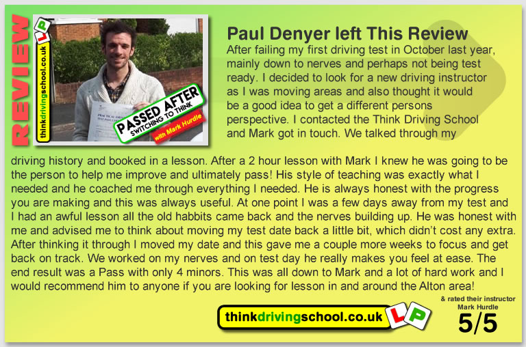5 Star review of think Driving School Passed with think driving school in May 2018 and left this 5 star review